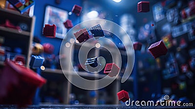 A dynamic scene of floating red and blue blocks in a playful, colorful room Stock Photo