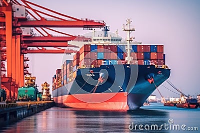 dynamic scene of a sea port, where a container ship loading containers. freight transportation Stock Photo