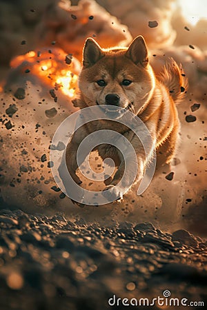 Dynamic Shiba Inu Dog Running Energetically With Flaring Sparks On Sunset Background, Energetic Pet Action Shot Stock Photo