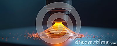 Dynamic shot of 3D printer nozzle during metal object printing. Molten metal cools, creating smooth precision engineered surface Stock Photo