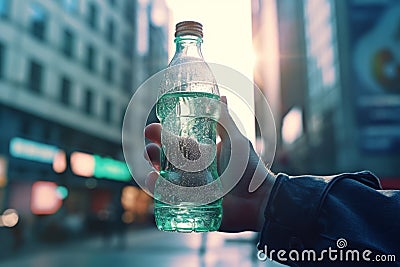 A dynamic shot of a person holding a bottle of mineral water against a backdrop of an active urban environment, symbolizing Stock Photo