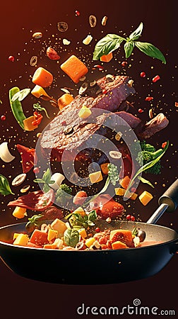 Dynamic shot steak and veggies airborne in sizzling frying pan Stock Photo