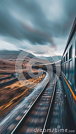 Dynamic side view of a train in motion, capturing the landscape with a motion blur effect Stock Photo