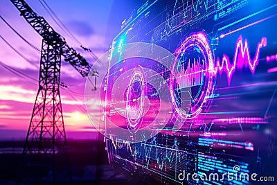 A dynamic smart grid interface displays energy flow visualizations and data charts, emphasizing peak energy generation and Stock Photo