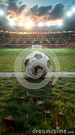 Dynamic soccer stadium scene with ball ready for intense game Stock Photo