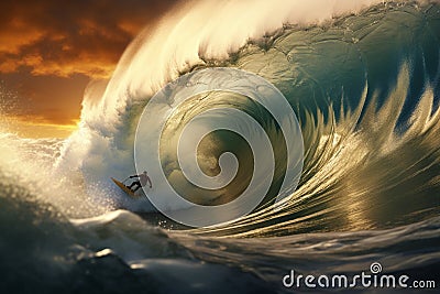Dynamic sof a surfer riding a powerful wave. Generative ai Stock Photo