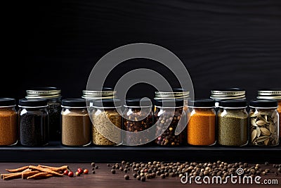 Dynamic Spice Ensemble: Up-close composition highlighting the dynamic arrangement of diverse spices in containers on a Stock Photo