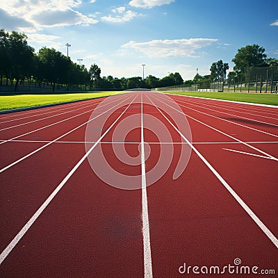 Dynamic sports setting Running track amidst lush green grass Stock Photo