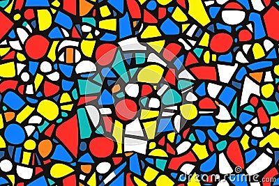 A dynamic and structured design of primary-colored geometric shapes, including circles, squares Stock Photo