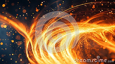 Dynamic swirling abstract light trails with vivid fiery colors and bokeh sparks in a dark background creating a sense of motion Stock Photo