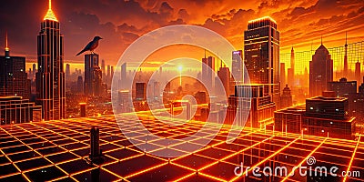 Dynamic Synthwave Cityscape Loop A RetroFuturistic Orange Neon Grid Background for Cinematic Visuals 3D Rendered Stock Photo