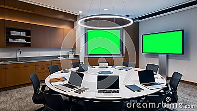 Dynamic Team Collaboration Space with Digital Display and Round Table Stock Photo
