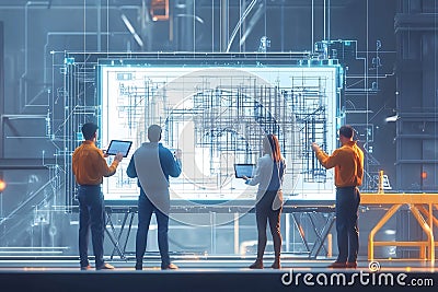 A Dynamic Team of Engineers and Architects Utilizing Sleek Tablet Devices for Precision in Assembling Complex Metal Construction Stock Photo