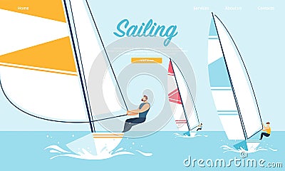 Dynamic Team Struggle Regatta Sailing Ship, Summer Vector Illustration