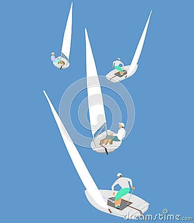 Dynamic team struggle sailing by ship in regatta competition. Summer time water leisure. Sport boat activity, outdoor recreation. Vector Illustration