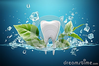 Dynamic toothpaste ad, Giant tooth, ice cubes, mint leaves for freshness Stock Photo