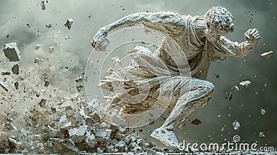 Dynamic transition of a crumbling statue reforming into a dancing figure, stone shards Stock Photo
