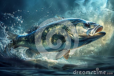 Dynamic Underwater Action Scene Depicting a Largemouth Bass Fish in Natural Habitat with Vivid Water Splashes and Sunlight Effects Stock Photo