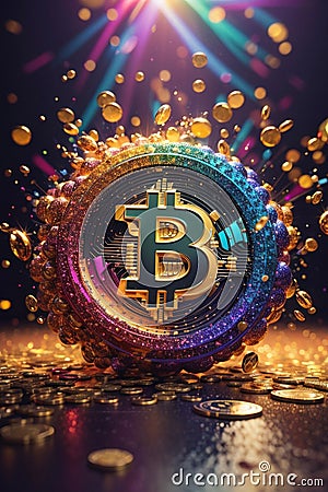 Bitcoin design exploding into a burst of rainbow-hued digital particles Stock Photo