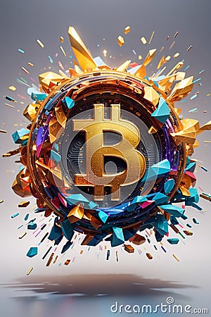 stylized Bitcoin coin exploding into a burst of rainbow-hued digital particles Stock Photo