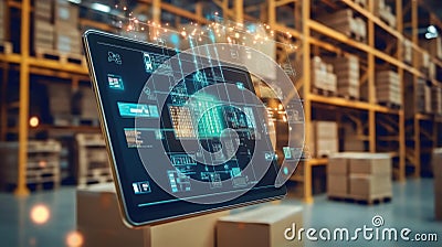 A dynamic view of a tablet presenting a supply chain dashboard intricately designed with pathways connecting icons for Stock Photo