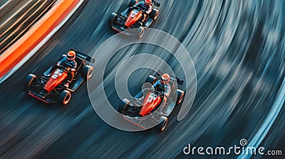Dynamic view of three go karts racing at high speed on a curved track, showcasing motion blur and vibrant colors in Stock Photo