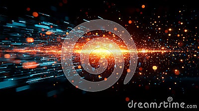 Dynamic visual of glowing particles and lines accelerating through space Stock Photo