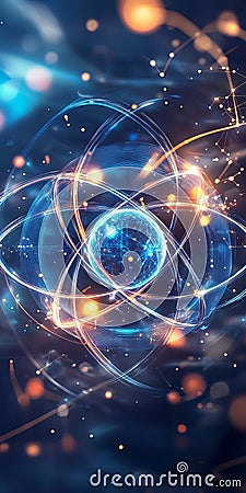 Dynamic Visualization of Atomic Energy and Particle Interaction in Quantum Space Stock Photo