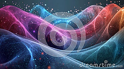 A vibrant visualization of quantum superposition illustrating wave functions and interactions within the realm of Stock Photo