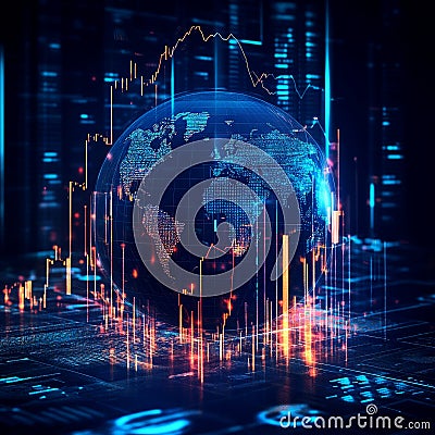 A dynamic visualization showcases the world mapped with intricate data layers, symbolizing global business growth Stock Photo