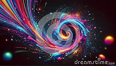 Dynamic vortex of glowing paint splashes in neon colors swirling over a black glossy surface created using generative AI for Stock Photo