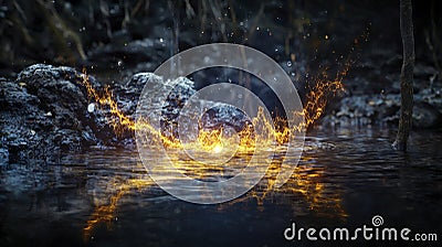 Dynamic water splashes illuminated by sparkling light nature scene close-up view capturing visible rhythms Stock Photo