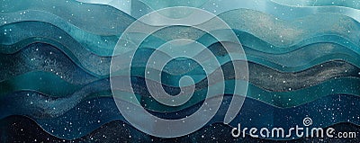 Dynamic wavy design featuring a gradient from teal to navy blue, highlighted by shimmering sparkles Stock Photo