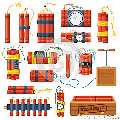 Dynamite sticks, explosive bombs with timer clock detonator. Explosive dangerous bombs and dynamite checkers vector illustration Cartoon Illustration