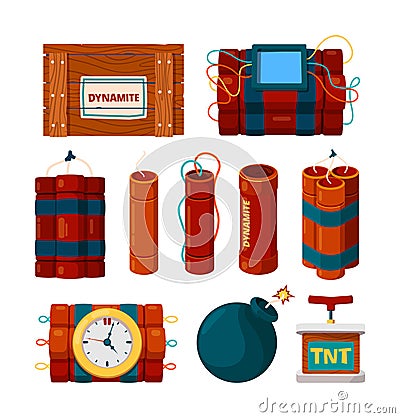 Dynamite sticks. Risk dangerous items bomb with clock alarm and timer detonator explosion burn vector cartoon pictures Vector Illustration