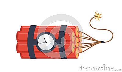 Dynamite sticks, set. Red sticks with burning fuses and explosion timer. Trinitrotoluene explosive object icon. Vector Vector Illustration