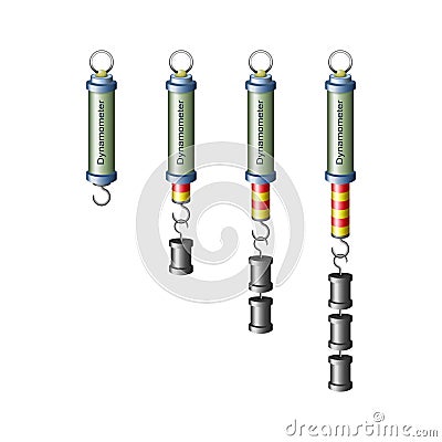 Dynamometer. Force measuring instrument. Set of four silvery cylindrical spring dynamometers with red pointers and various weights Vector Illustration