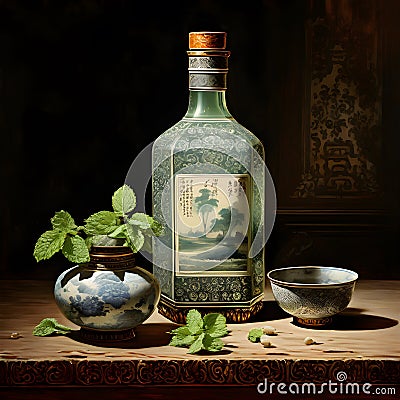 In Dynasty era painting style, a bottle of mint oil is depicted with intricate and ornate patterns that encase the vessel. Stock Photo