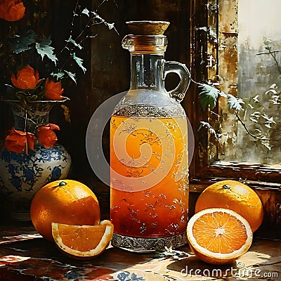 In the Dynasty era painting style, a bottle of orange juice is depicted in a striking manner. Stock Photo