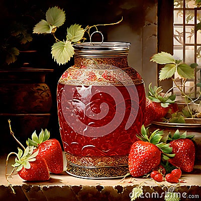 In Dynasty era painting style, a bottle of strawberry jam is depicted with intricate ornate patterns encasing the vessel. Stock Photo