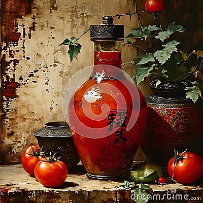 During the Dynasty era, paintings often depicted everyday objects with intricate details. In one such painting, Stock Photo