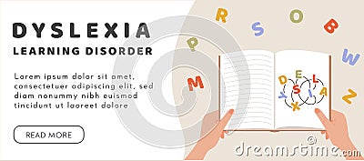 Dyslexia concept. A person hands holding a book. Failing to read. Learning disability. Confused, entangled words and Vector Illustration