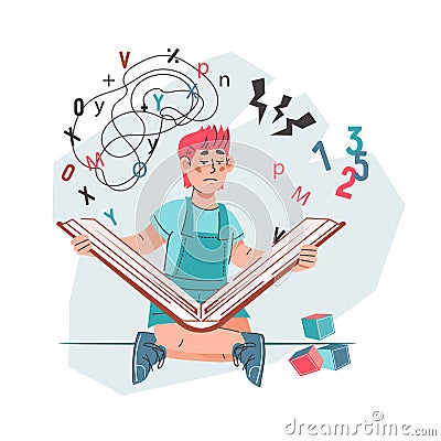Dyslexia and reading and learning difficulties concept with dyslexic child character, vector Cartoon Illustration