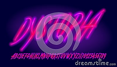 Dystopia alphabet font. Hand drawing glowing letters and numbers. Vector Illustration