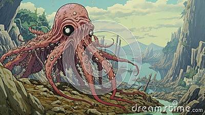 Dystopian Cartoon Octopus: Mobile Device Iphone Case Stock Photo