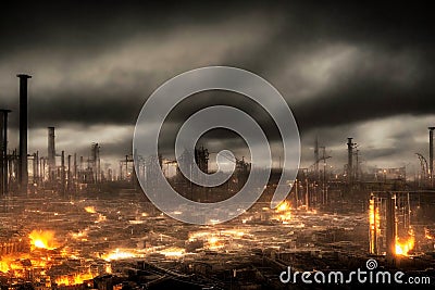 Dystopian dark depressing landscape with black clouds, fireplaces and skeletons of industrial buildings, made with generative AI Stock Photo