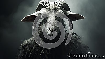 Dystopian Fantasies: A Powerful Goat With Horns In The Dark Stock Photo