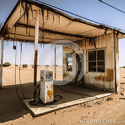 Dystopian gas station in the desert fantasy art generative ai illustration Cartoon Illustration