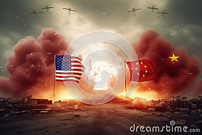 A dystopian illustration of the war between the US and China. Chinese and American flags over the destroyed and burning Cartoon Illustration