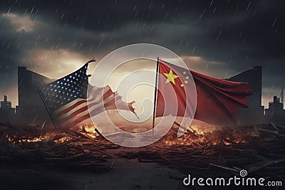 A dystopian illustration of the war between the US and China. Chinese and American flags over the destroyed and burning Cartoon Illustration